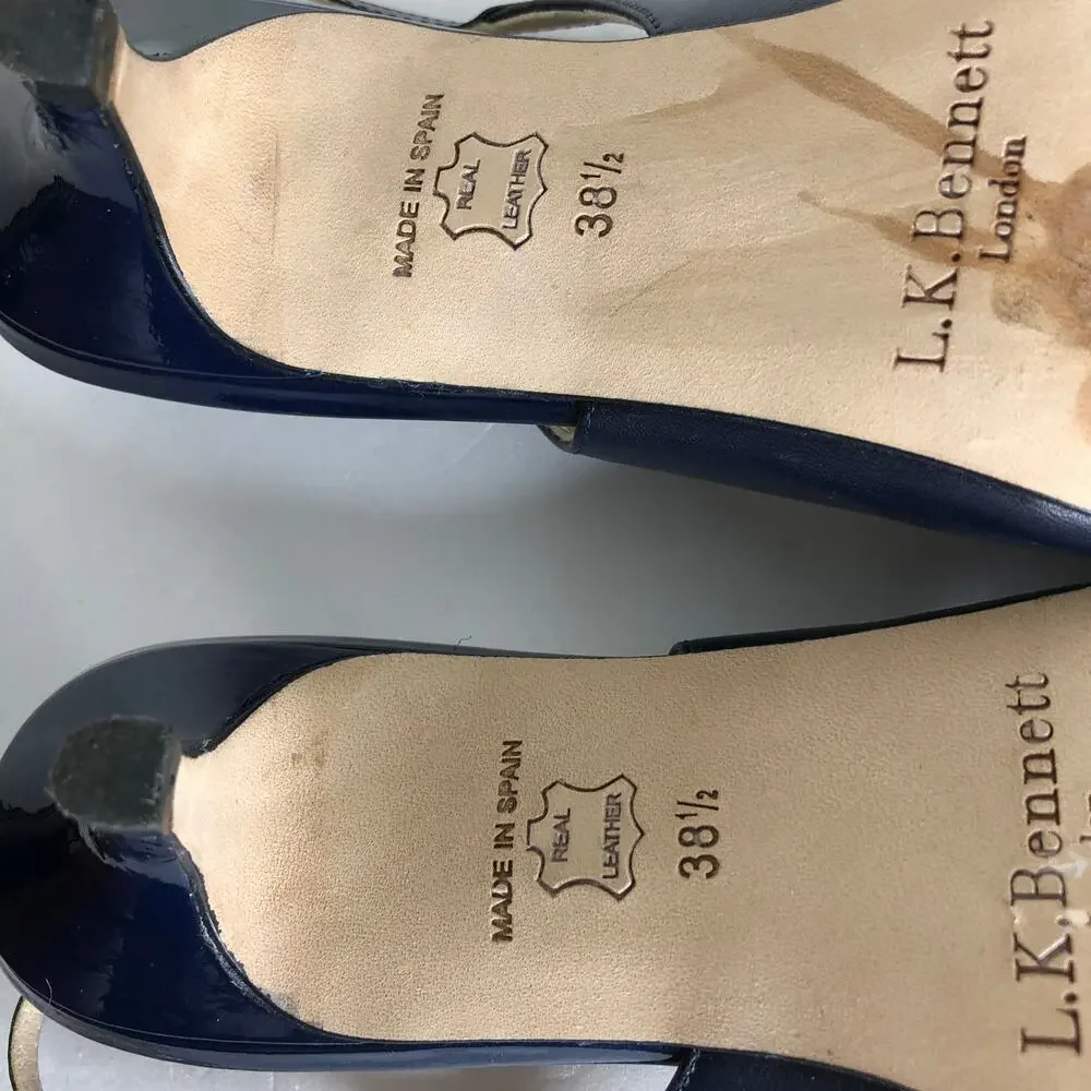 L.K. Bennett Shoe Sling Back Kitten Heel Cut Out Pointed Toe Navy Blue Chic 38.5